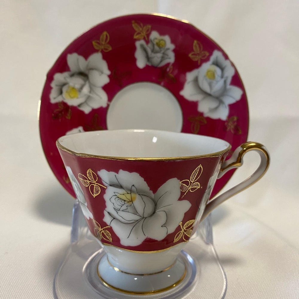 Shafford Japan Red and White with Gold Floral Teacup and Saucer